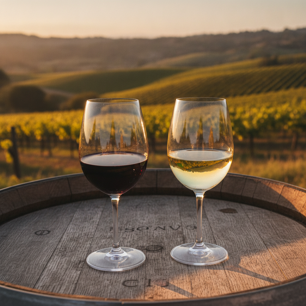 Duas taças de vinho (uma com tinto, outra com branco) sobre um barril de carvalho em um vinhedo ao pôr do sol, simbolizando a diversidade e escolha entre vinhos secos e suaves.
