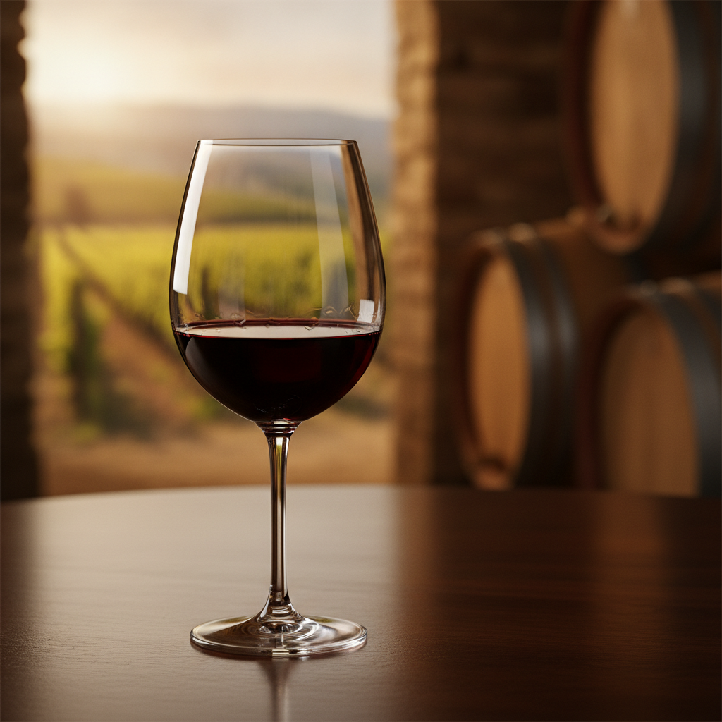 Taça de vinho tinto elegante sobre uma superfície de madeira escura, com um vinhedo ensolarado ou adega de barris de carvalho desfocada ao fundo, transmitindo a sensação de um vinho suave e de qualidade.