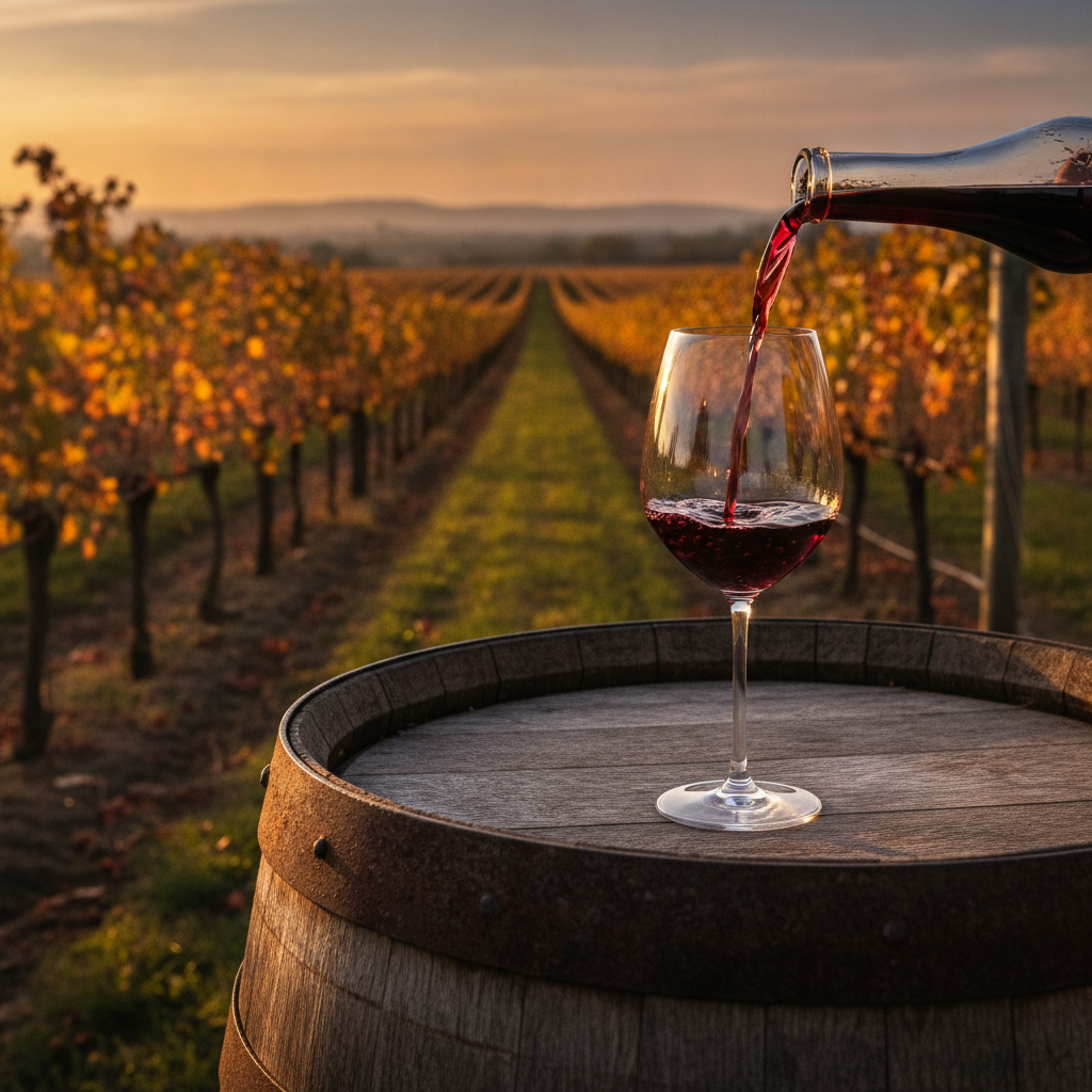 Taça de vinho tinto em um barril de carvalho rústico, com um vinhedo dourado ao fundo no pôr do sol, simbolizando a apreciação de diferentes estilos de vinho.