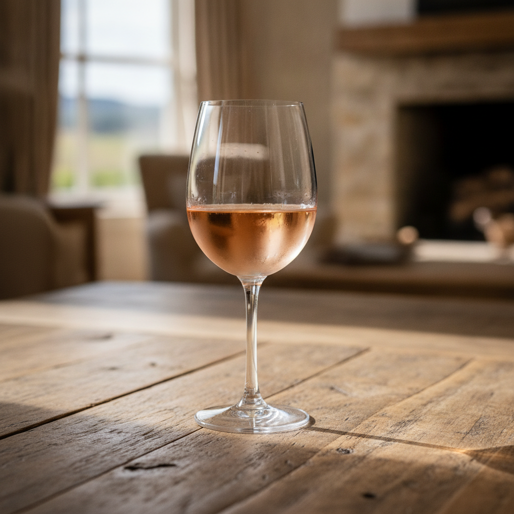 Taça de vinho suave ou doce em uma mesa de madeira, com iluminação ambiente e fundo desfocado de vinhedo ou interior aconchegante.