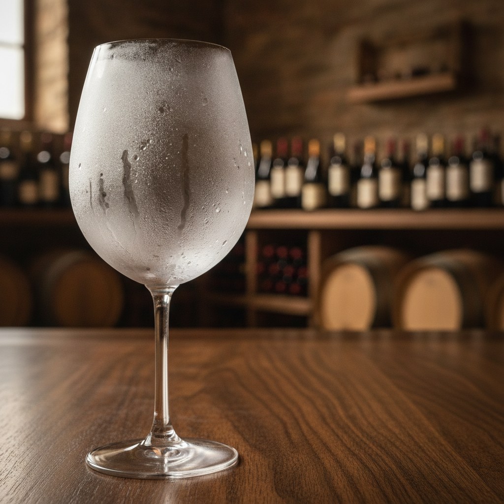 Taça de vinho suave perfeitamente resfriada sobre mesa de madeira em ambiente de adega.