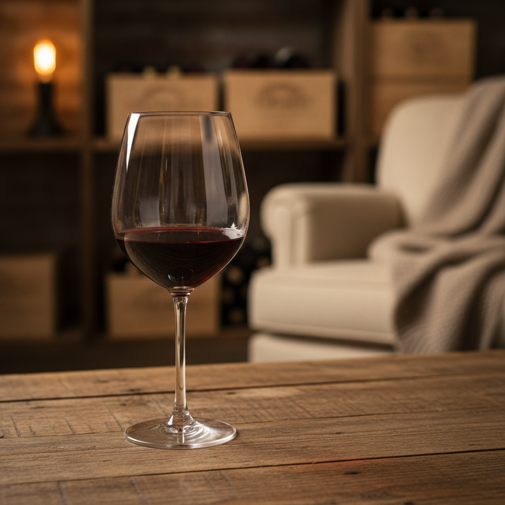 Taça de vinho tinto em mesa de madeira, com fundo desfocado de ambiente acolhedor, transmitindo a ideia de vinho acessível e prazeroso.
