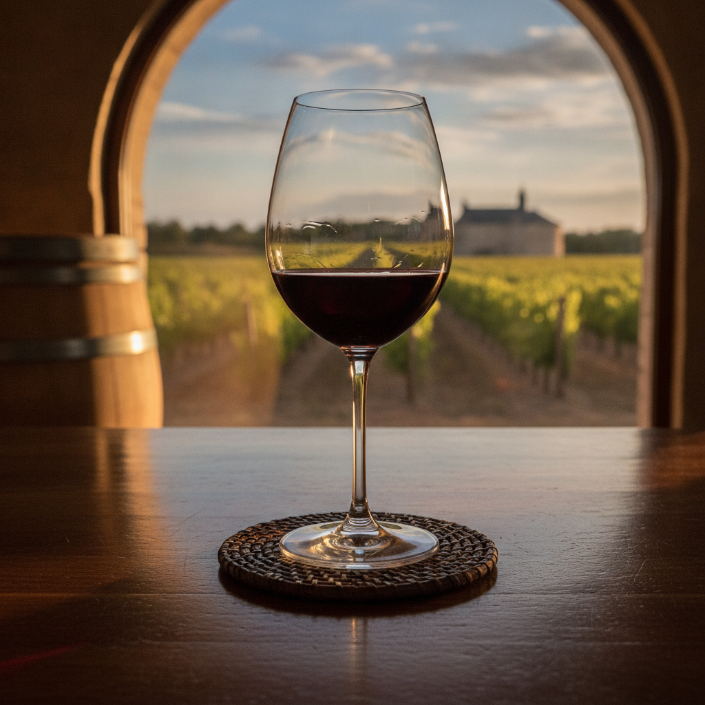 Taça de vinho tinto sobre mesa de madeira, com vinhedo ensolarado ao fundo e barril de carvalho.