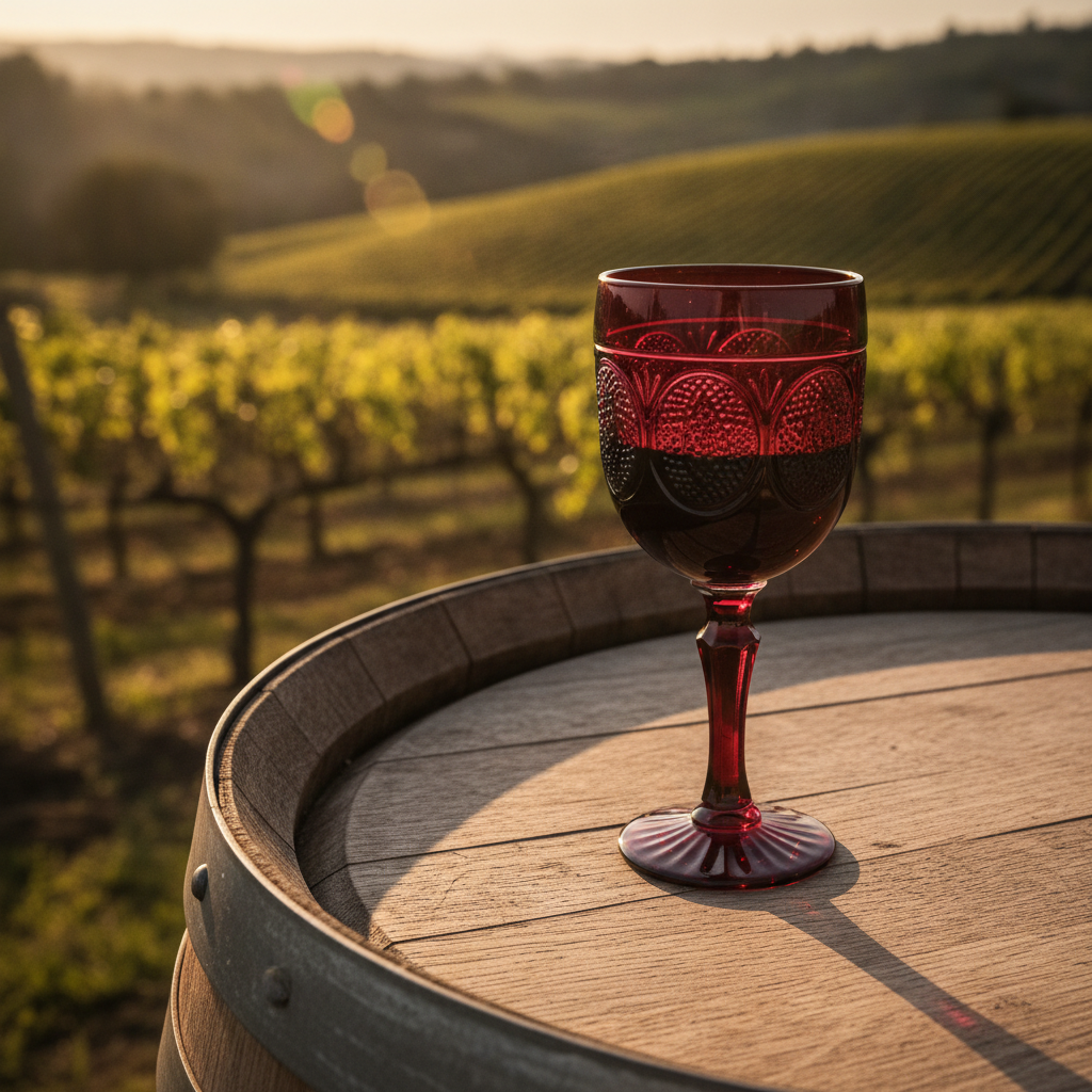 Taça de vinho tinto sobre barril de carvalho em adega rústica com vinhedo ao fundo, sob luz do pôr do sol.