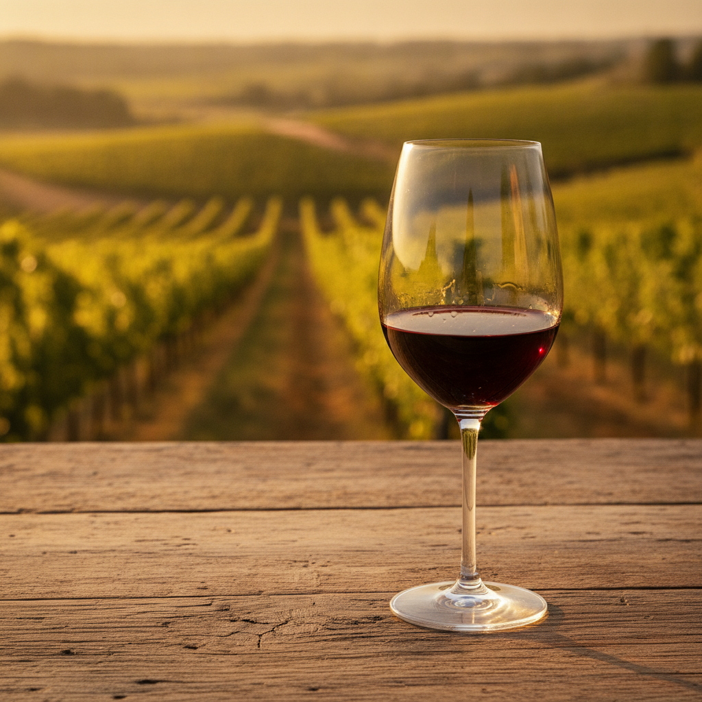 Taça de vinho tinto sobre mesa de madeira rústica, com um vinhedo ensolarado desfocado ao fundo.