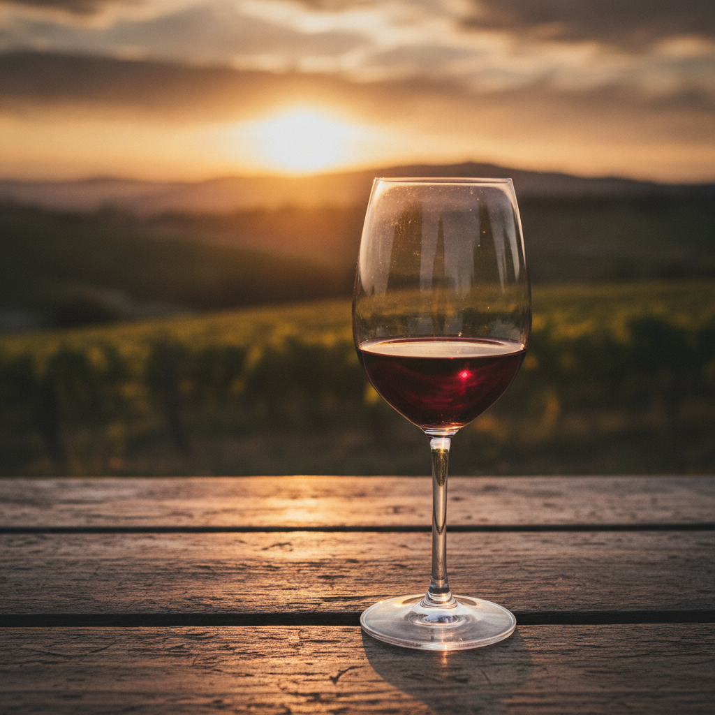 Taça de vinho tinto elegante sobre mesa de madeira rústica, com vinhedo ensolarado ao fundo, transmitindo sensação de bem-estar e saúde.