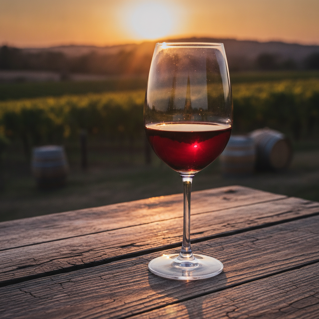Taça de vinho tinto seco sobre mesa de madeira rústica, com um vinhedo iluminado pelo pôr do sol ao fundo.