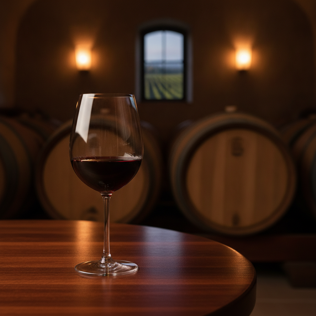 Taça de vinho tinto seco em mesa de madeira, com barris de carvalho e vinhedo ao fundo em adega aconchegante.