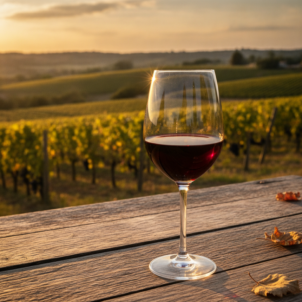 Taça de vinho tinto seco em uma mesa de madeira rústica, com um vinhedo ensolarado ao fundo, transmitindo uma sensação de bem-estar e natureza.