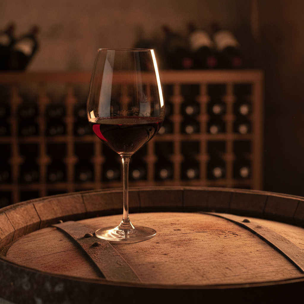 Taça de vinho tinto sobre um barril de carvalho em adega, com garrafas ao fundo.