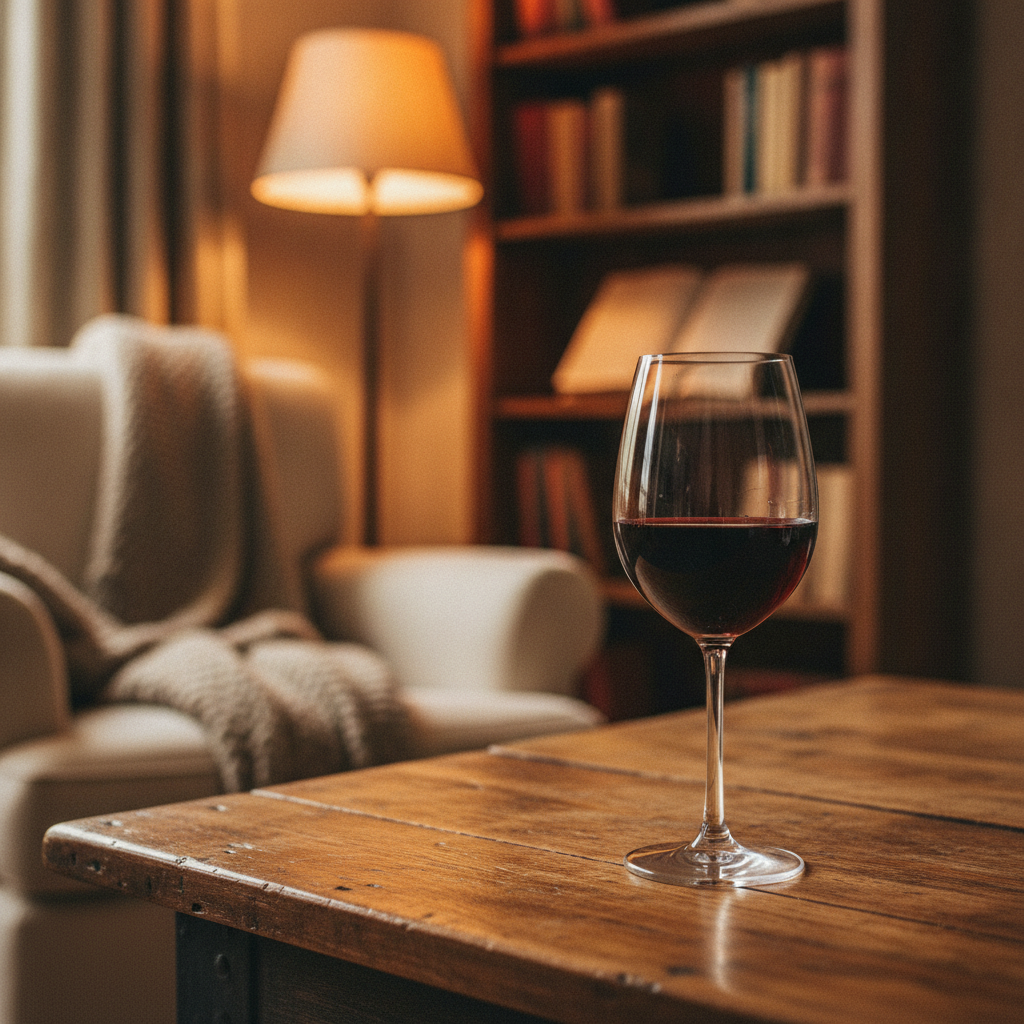 Taça de vinho tinto suave sobre mesa de madeira em ambiente doméstico aconchegante, ideal para relaxar.