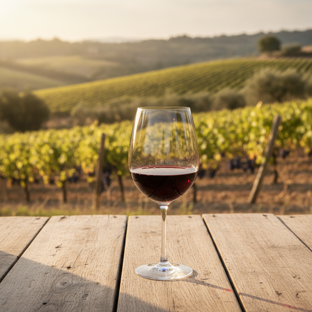 Taça de vinho tinto suave em mesa rústica, com vinhedo ensolarado desfocado ao fundo, transmitindo ambiente relaxante.