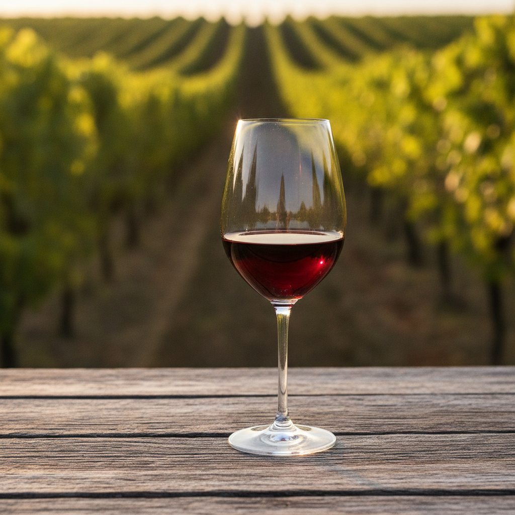Uma taça de vinho tinto suave sobre uma mesa de madeira rústica, com um vinhedo ensolarado ao fundo. A imagem evoca a tranquilidade e a beleza da produção vinícola.