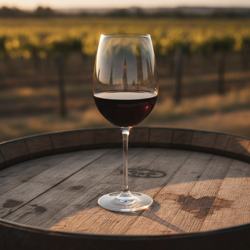 Taça de vinho tinto sobre barril de carvalho em adega rústica com vinhedo ao fundo
