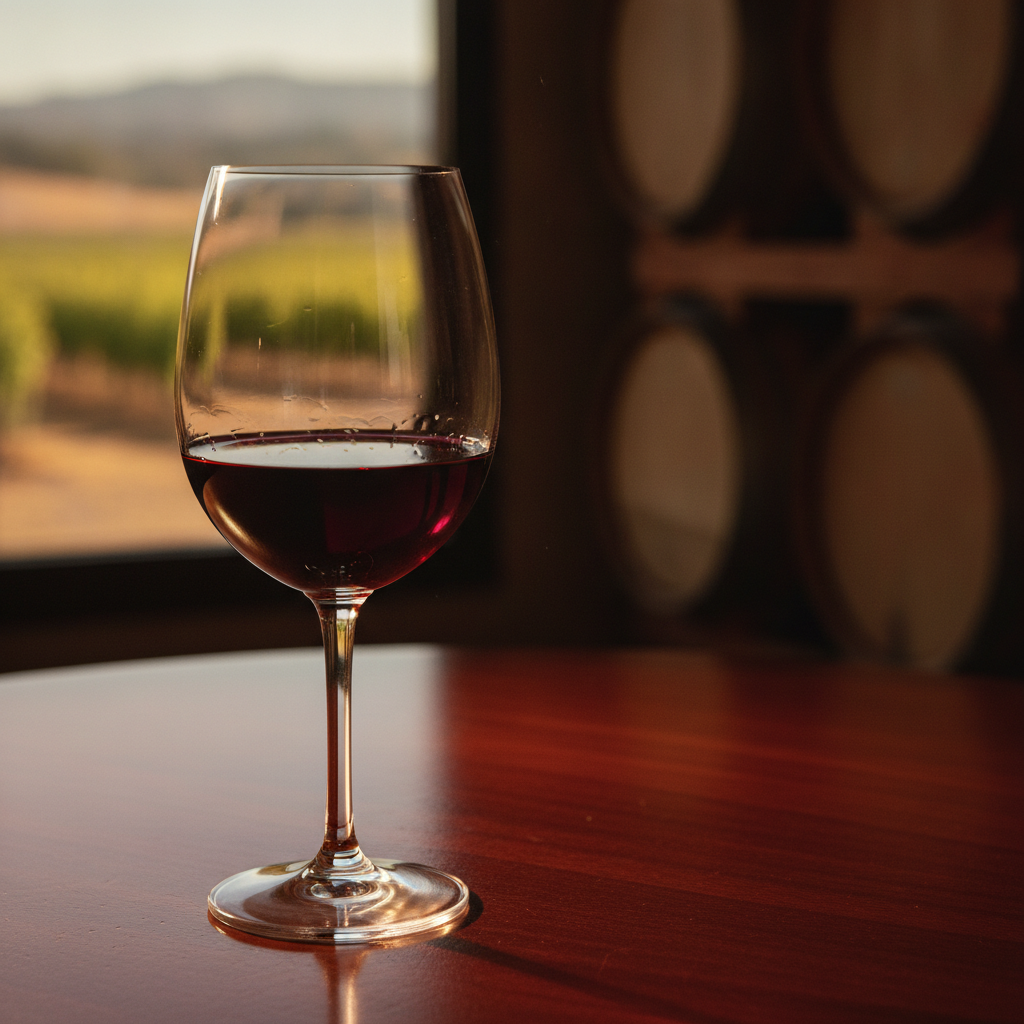 Taça de vinho tinto suave em mesa de madeira rústica, com garrafa e barris de carvalho desfocados ao fundo, ambiente acolhedor e convidativo.