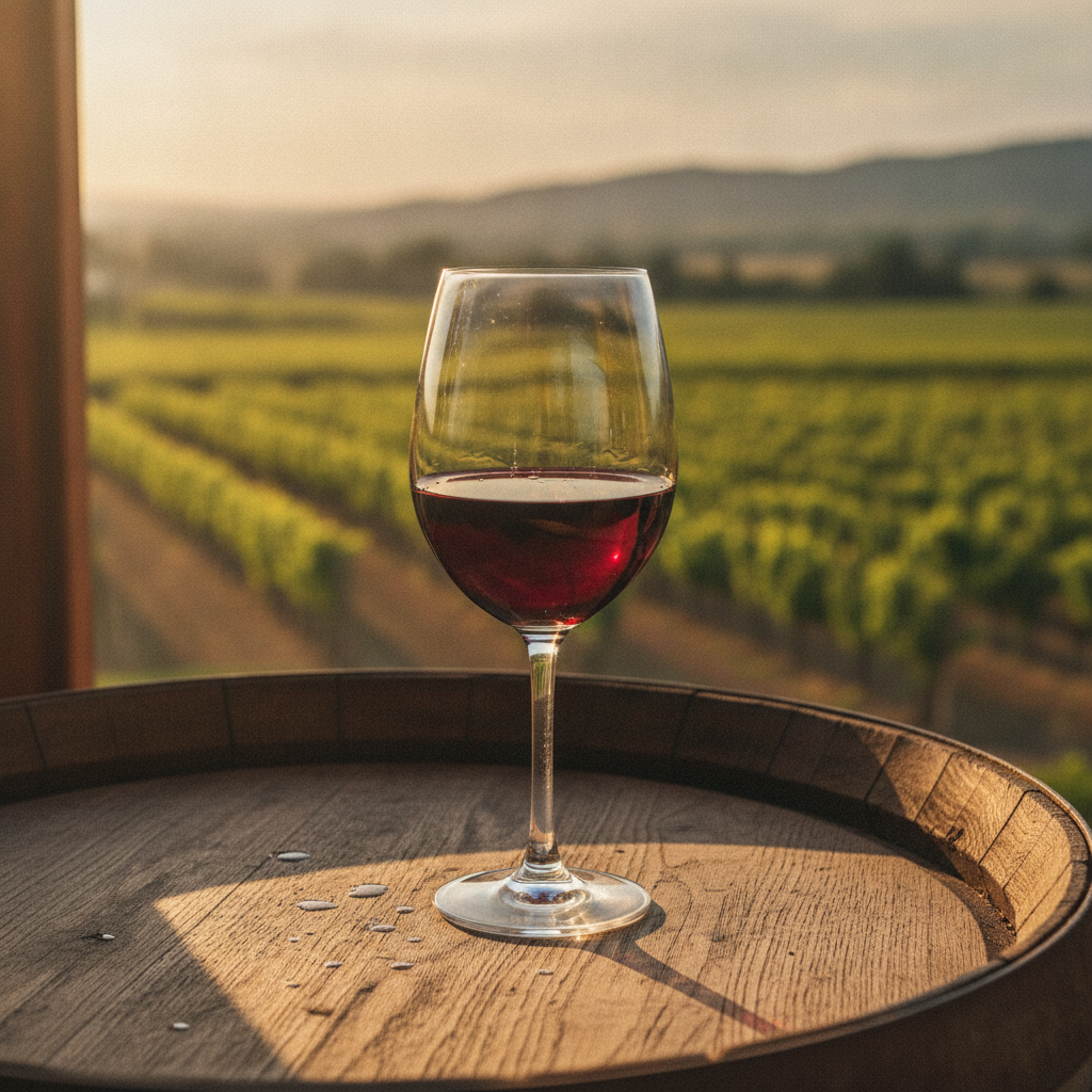 Taça de vinho tinto suave sobre barril de carvalho com vinhedo ensolarado ao fundo, transmitindo tranquilidade.