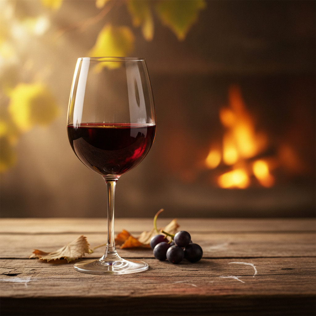 Taça de vinho tinto suave em mesa de madeira rústica, com fundo que sugere tanto a luz de um vinhedo de verão quanto o calor de uma lareira de inverno.