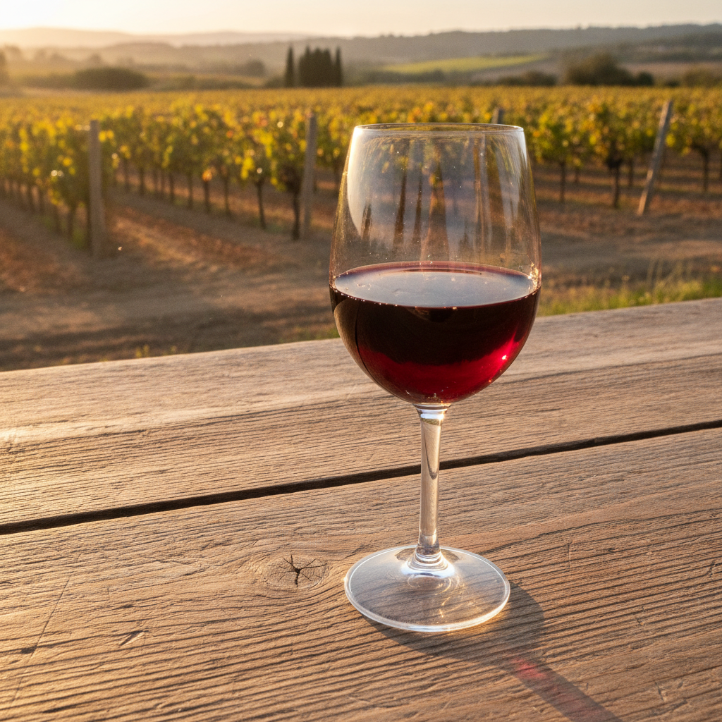 Taça de vinho tinto suave de mesa sobre uma superfície de madeira, com um vinhedo brasileiro ao fundo, sob a luz do sol.
