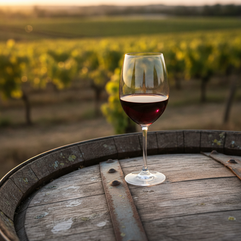 Taça de vinho tinto suave, com reflexos rubi, repousando sobre um barril de carvalho rústico em um vinhedo ensolarado ao entardecer.