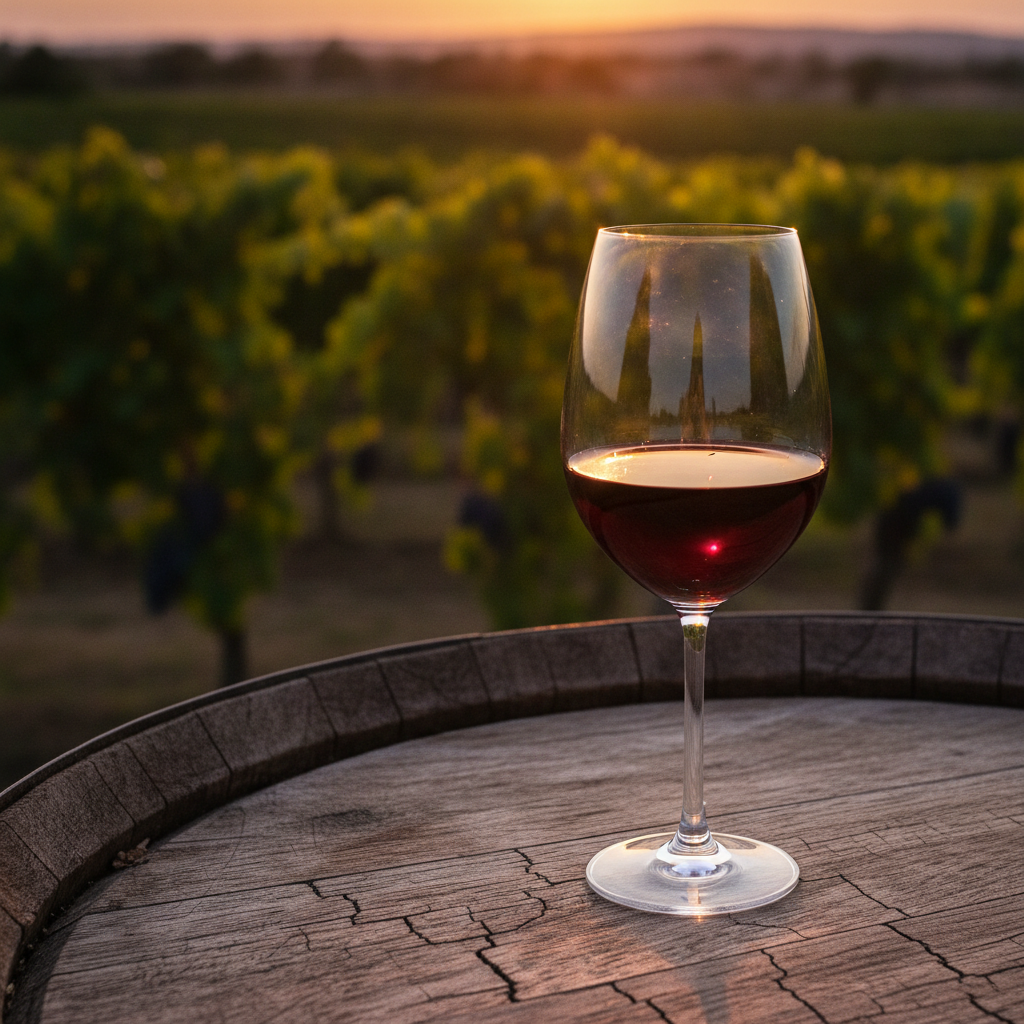Taça de vinho tinto sobre uma mesa de madeira rústica, com um vinhedo ensolarado ao fundo, simbolizando o início da jornada no mundo dos vinhos.