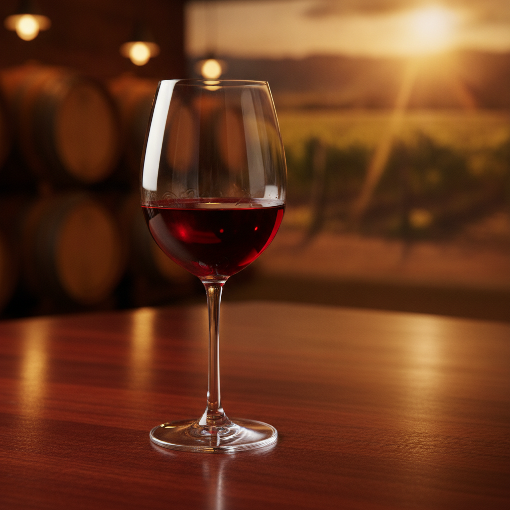 Taça de vinho tinto suave sobre mesa de madeira, com adega aconchegante e barris de carvalho desfocados ao fundo, sugerindo um momento de degustação tranquila.