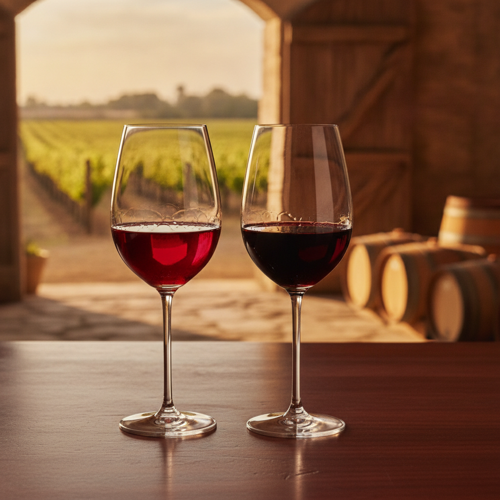 Duas taças de vinho tinto, uma com vinho mais claro e outra com vinho mais escuro, sobre uma mesa de madeira com um vinhedo e barris ao fundo, sugerindo a escolha entre diferentes estilos de vinho.