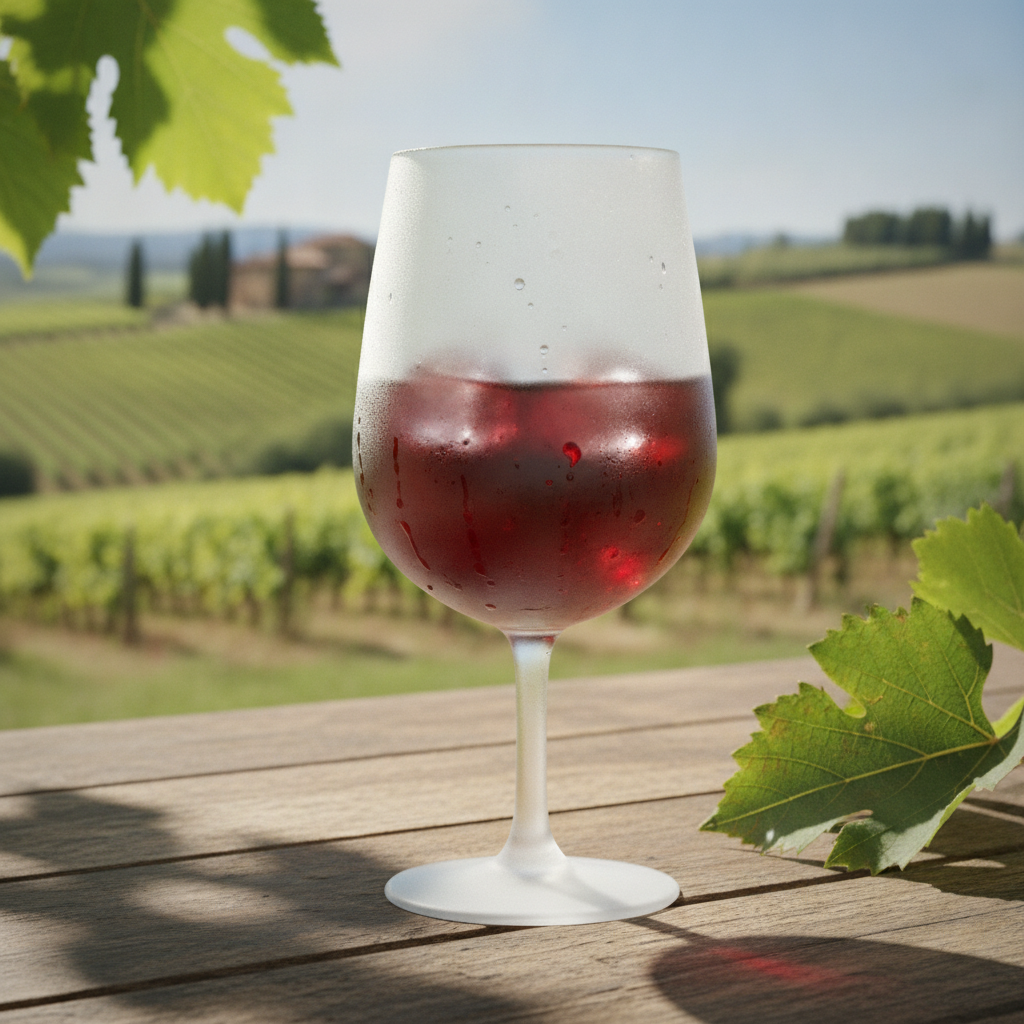 Taça de vinho tinto refrescante em uma mesa ao ar livre, com um vinhedo ensolarado ao fundo, transmitindo a ideia de vinho tinto no verão.