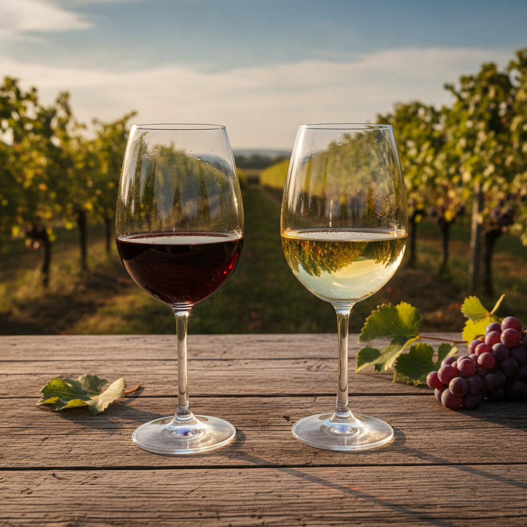Duas taças de vinho, uma com tinto e outra com branco, em uma mesa rústica de madeira em meio a um vinhedo ensolarado.