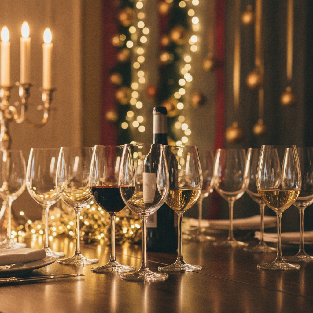Mesa elegantemente posta para uma festa, com taças de vinho e uma garrafa desfocada, sugerindo um ambiente de celebração com vinhos suaves.
