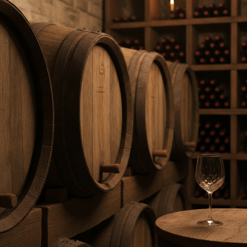 Adegas escuras com barris de carvalho e garrafas de vinho tinto de guarda, com uma taça vazia em primeiro plano.