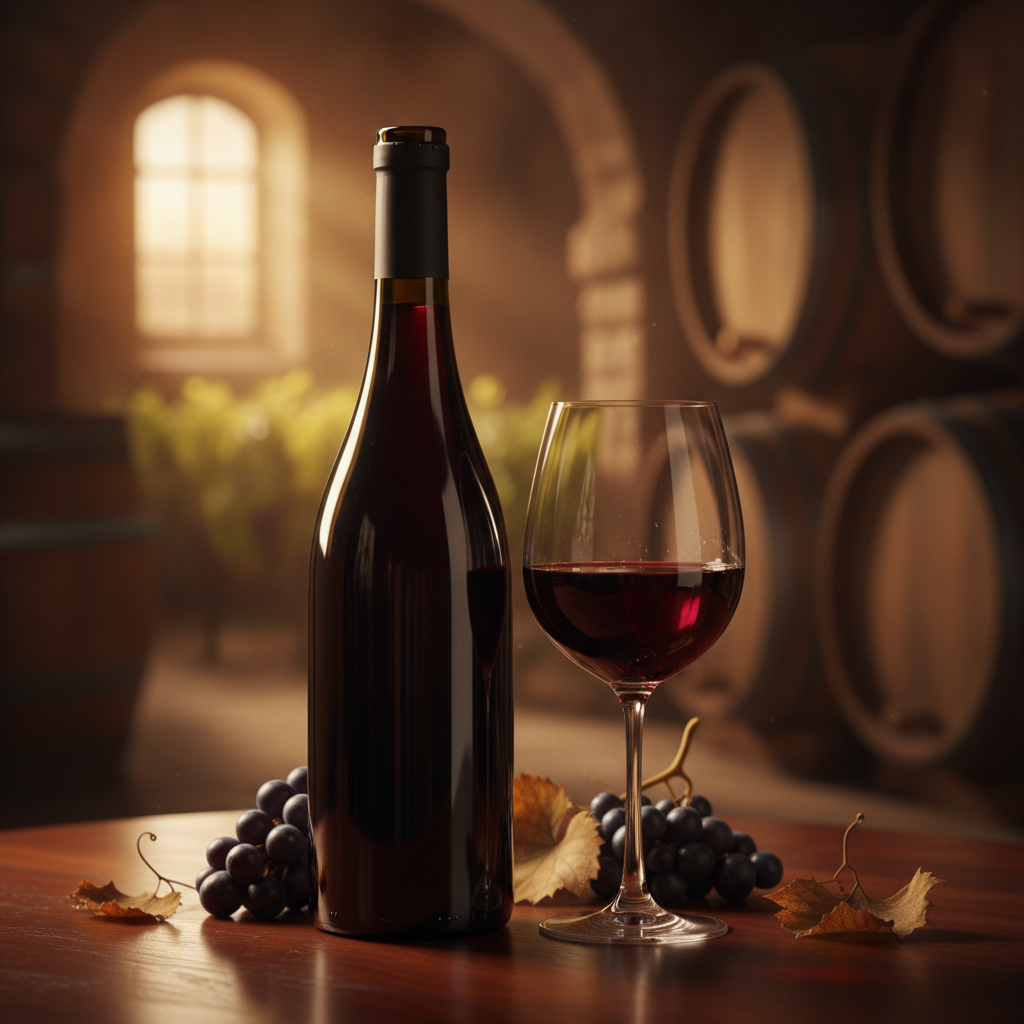 Garrafa de vinho tinto premium e taça de cristal sobre superfície elegante, com vinhedo ensolarado ou adega escura no fundo.