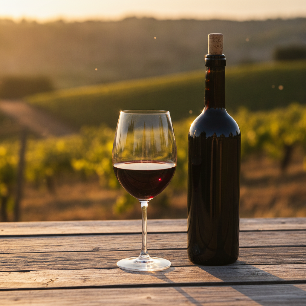 Taça de vinho tinto suave e garrafa simples em uma mesa rústica, com vinhedo ao fundo, evocando um momento de prazer acessível.